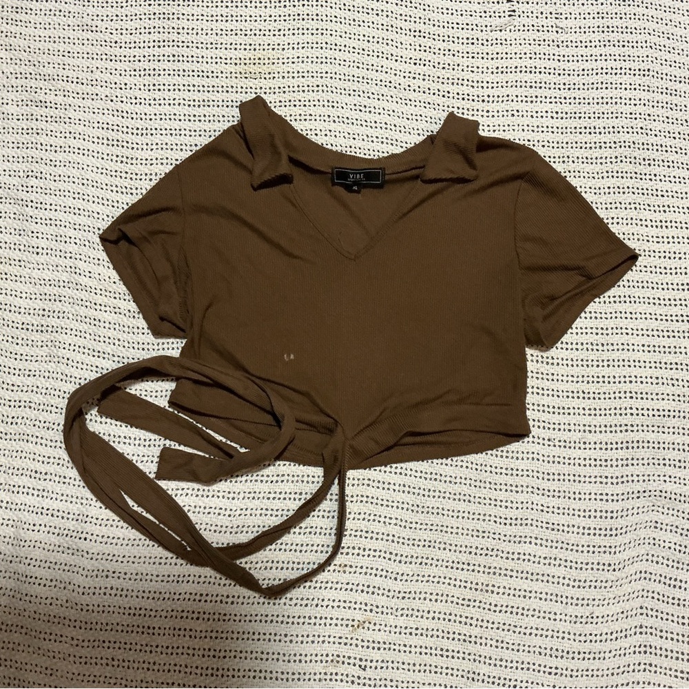 Vibe Chocolate Tie-Front Crop Top